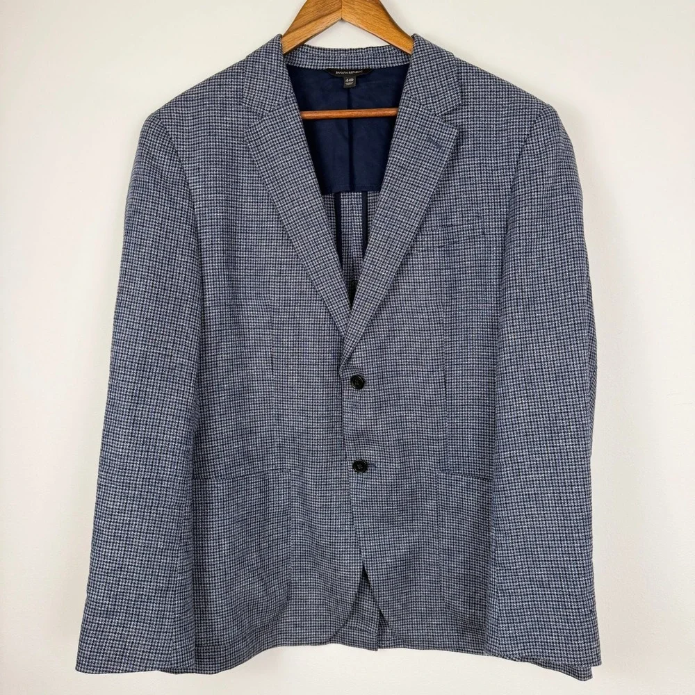 Banana Republic Blazer Mens 44R Blue Houndstooth Linen Blend Sport Coat Tailored
